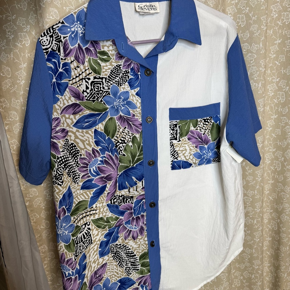 VTG Cristin Stevens Floral Hawaiian Split Panel Shirt Blue White Medium
